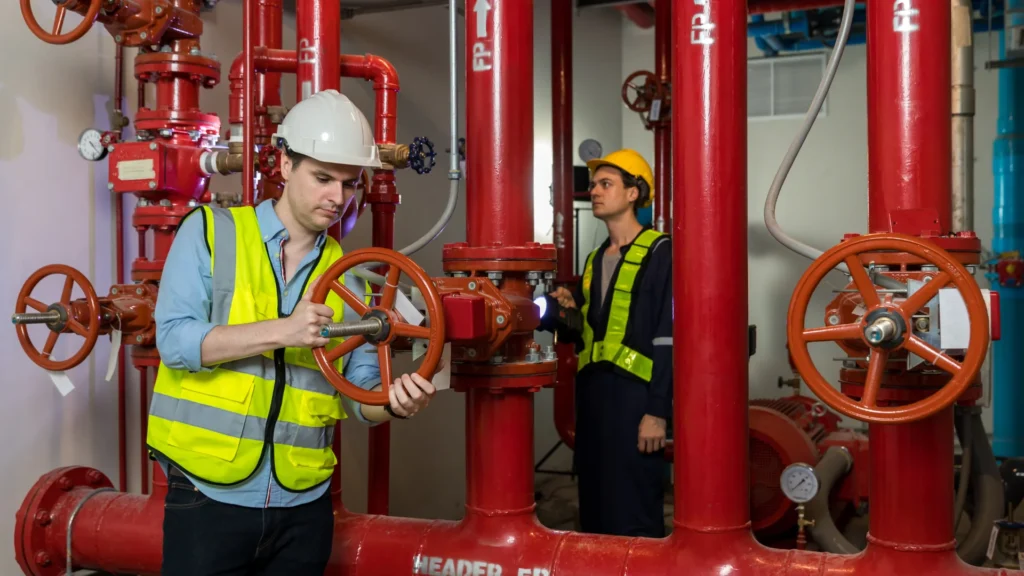 Two workers providing maintenance to a commercial fire alarm system