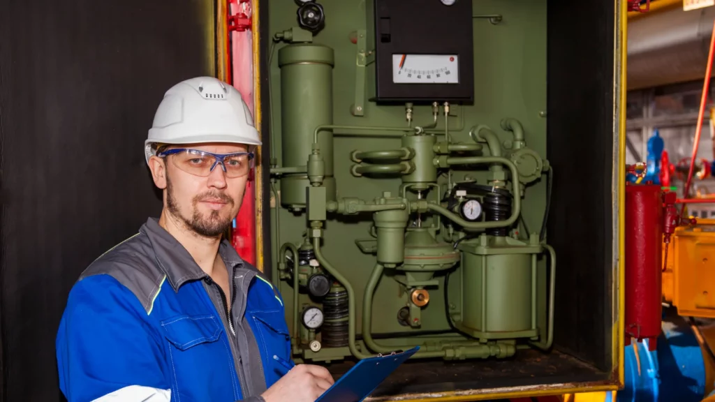 fire alarm inspector looking at fire system