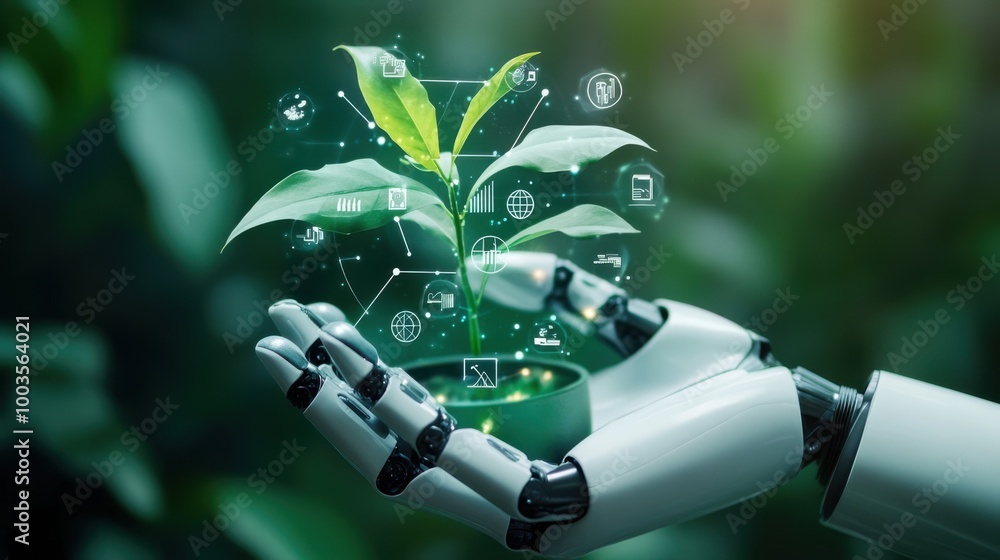 Robot hands gently holding a green plant, with digital icons representing the SDGs, clean